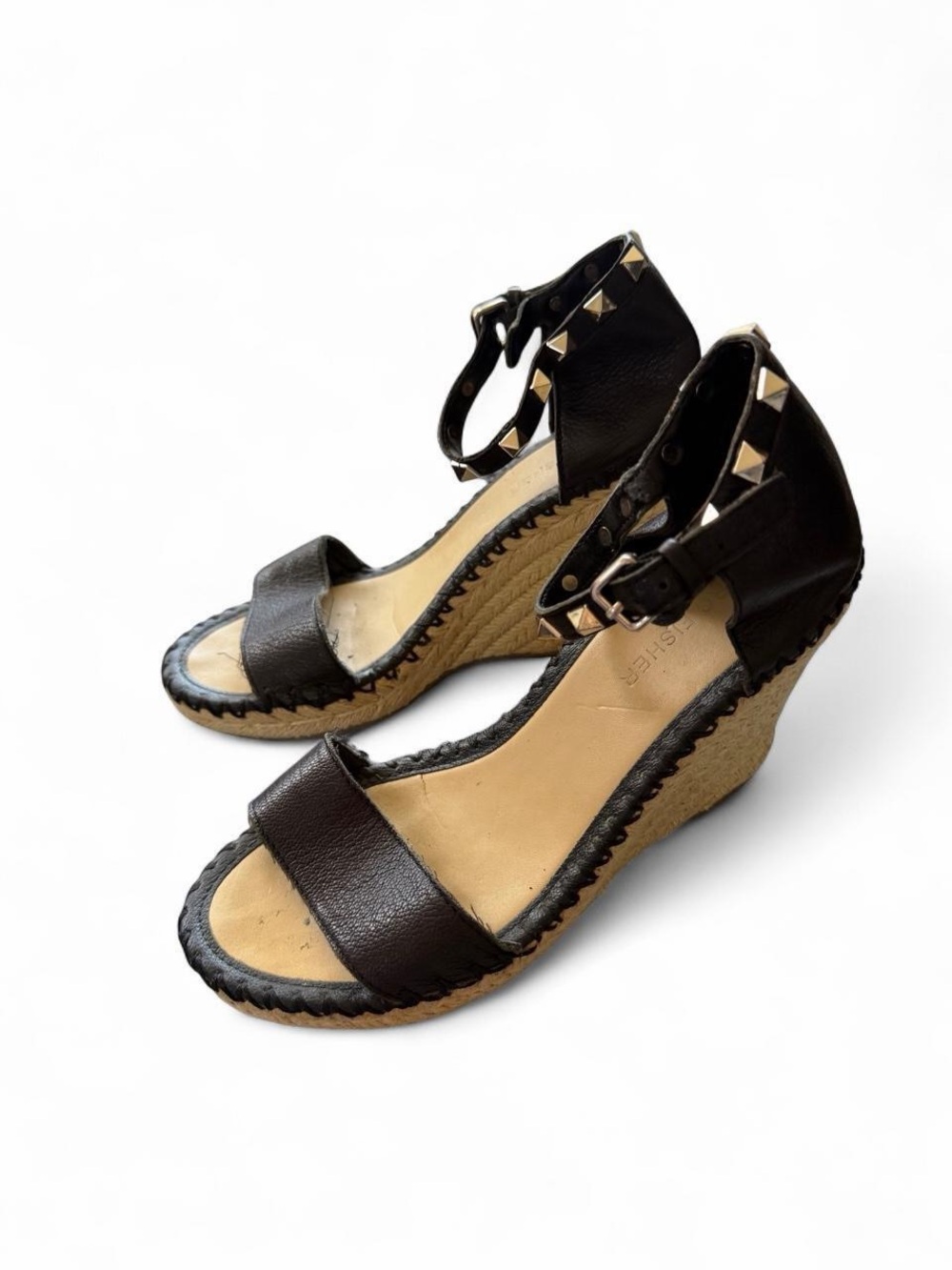 Marc Fisher black leather wedge sandals with studded straps